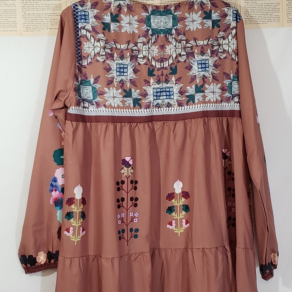 Fairycore Mori Girl Floral Print Brown Maxi sz XL 70s Retro Look Cottagecore - Picture 4 of 7